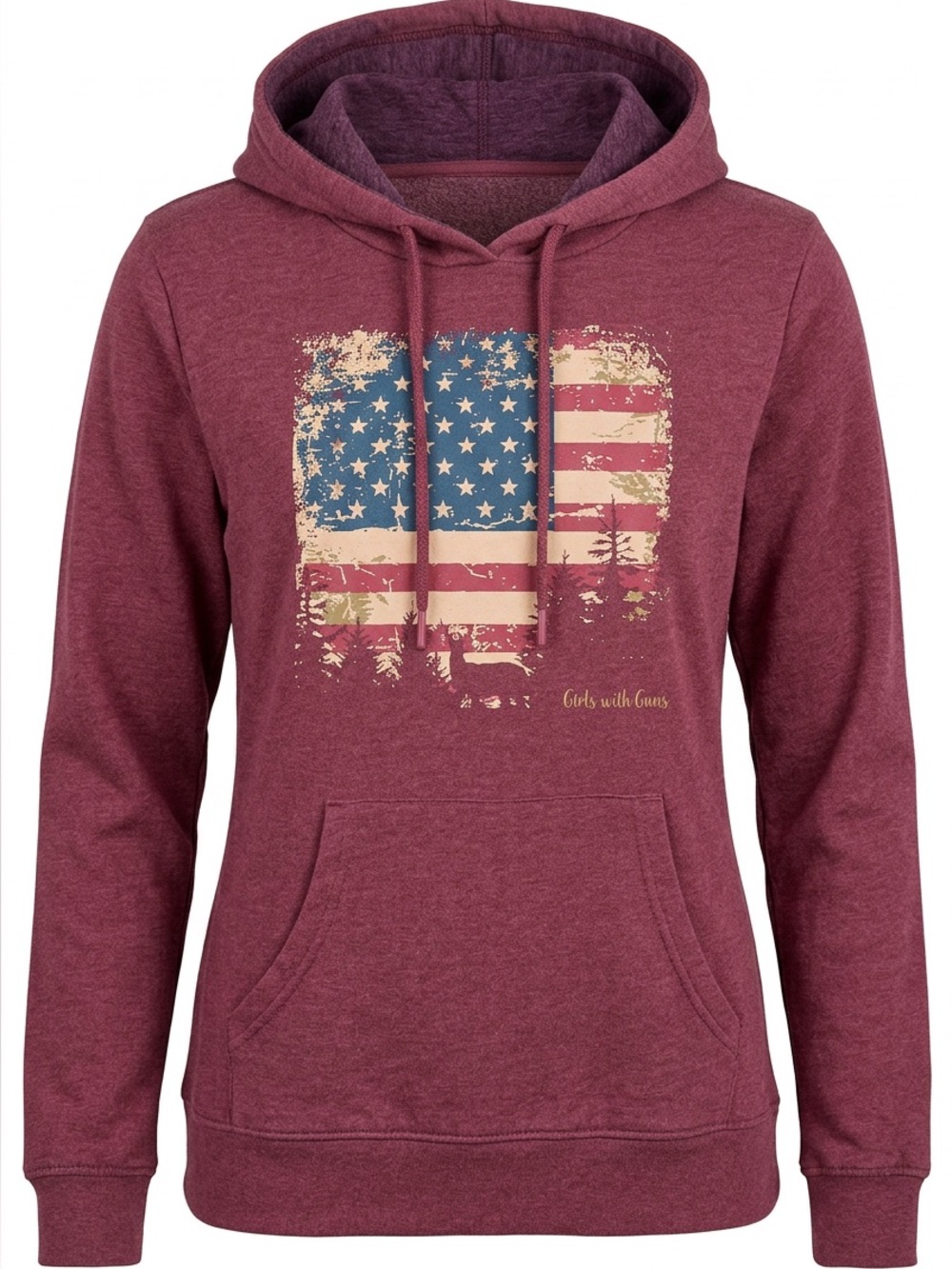 Wine-Colored Hooded Sweatshirt with Flag Graphic